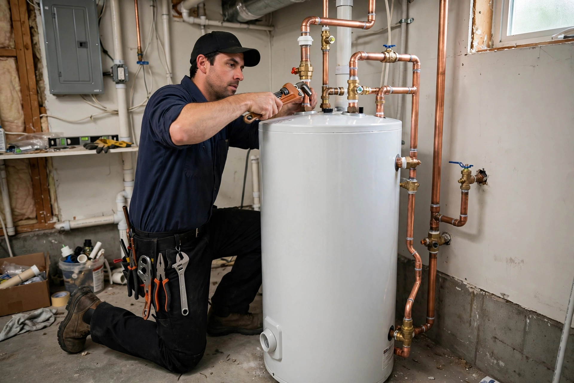 New tank water heater being installed in a home utility room with copper pipe connections