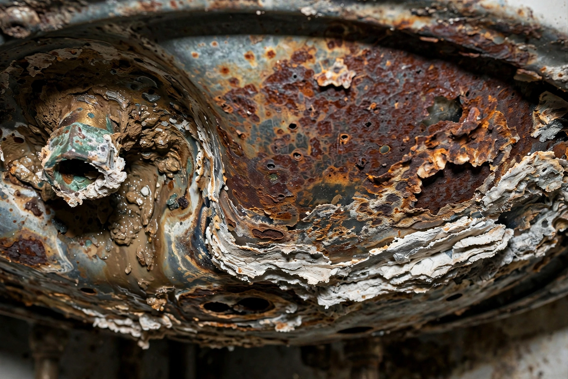Close-up of a corroded water heater tank bottom with rust and mineral sediment buildup
