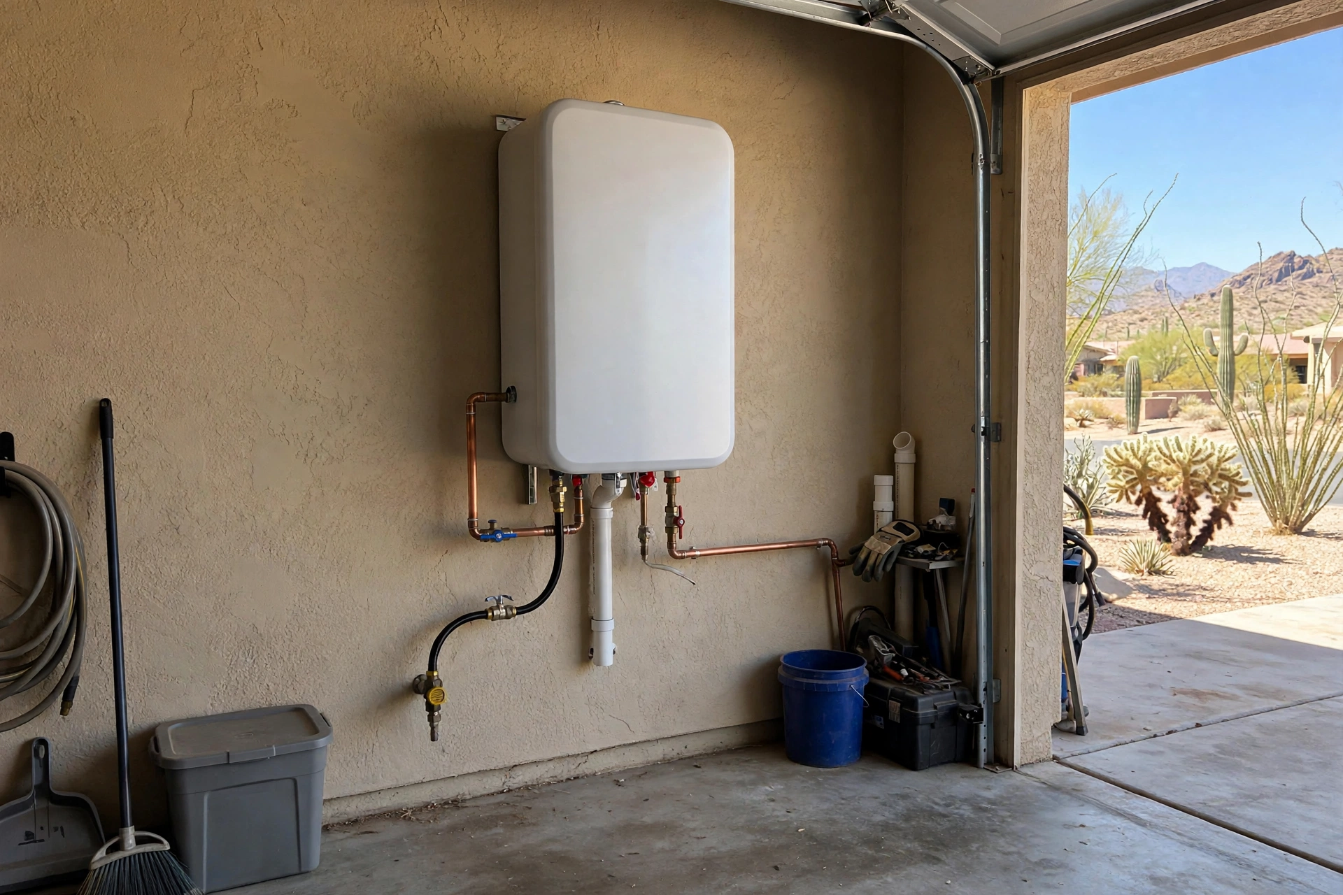 Modern tankless water heater mounted on a wall in an Arizona home garage