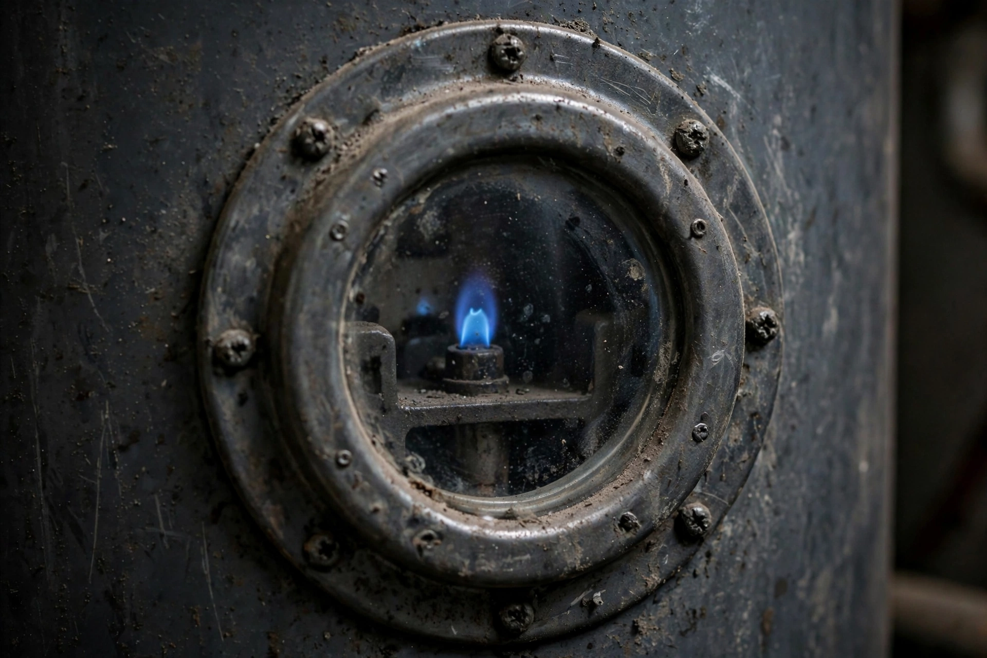 Close-up of a gas water heater pilot light window showing a small blue flame