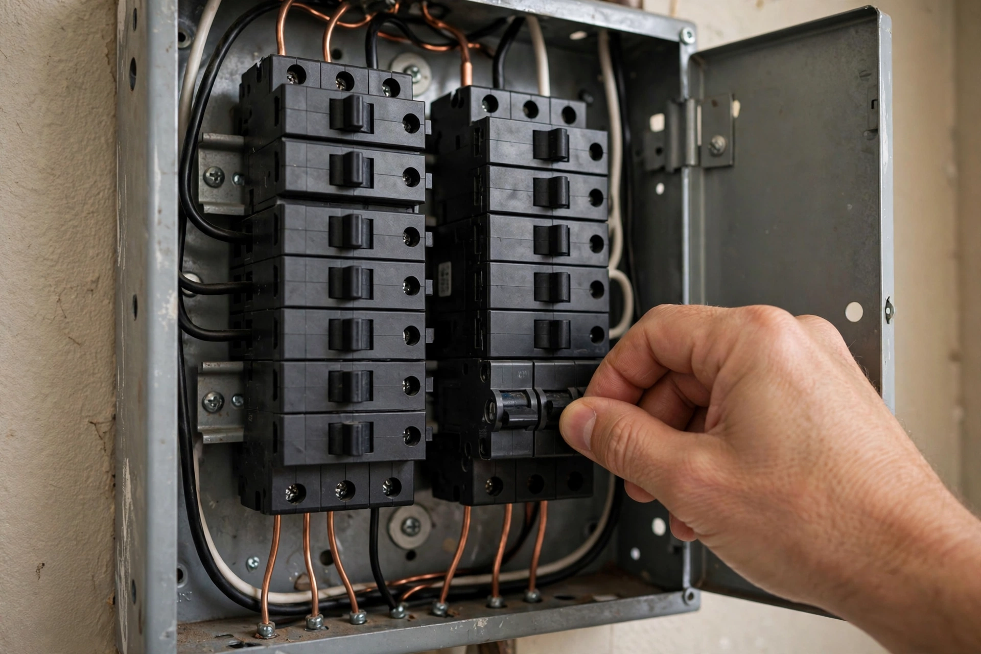 Hand flipping a water heater circuit breaker switch in a home electrical panel