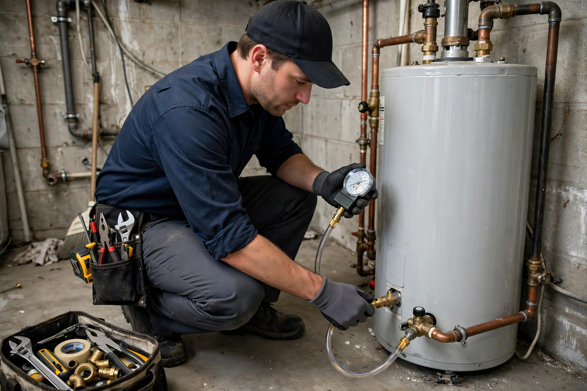 Plumber checking a water heater gas control valve with a manometer gauge during diagnostic testing