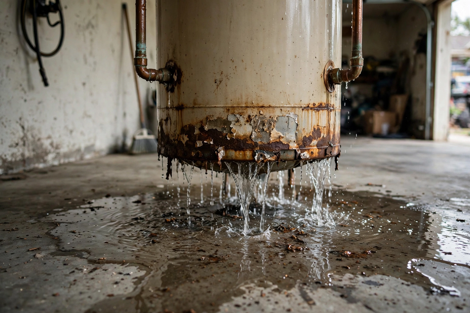 Water heater leaking from the bottom onto a garage floor in an Arizona home
