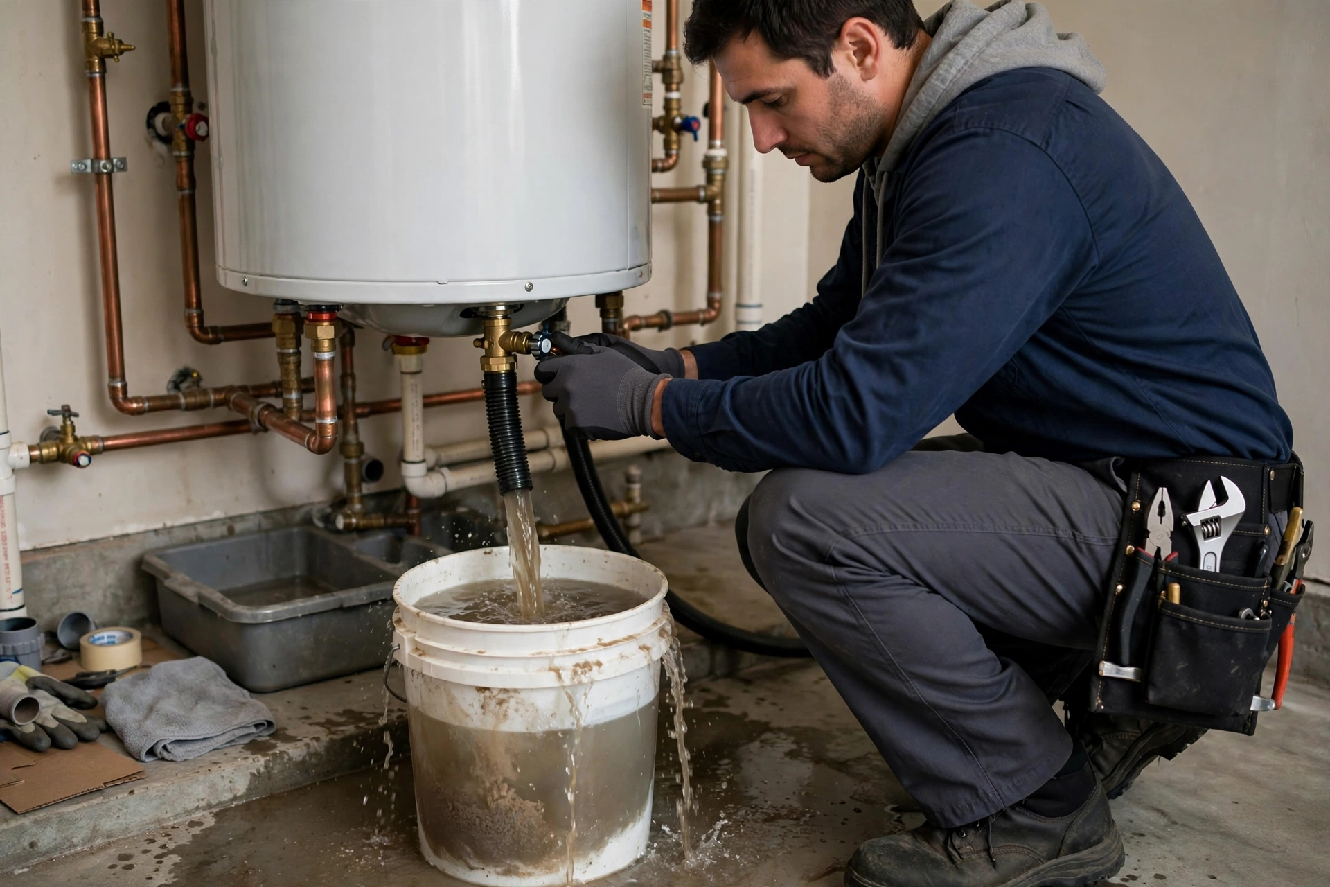 Plumber flushing sediment from a water heater tank with a hose draining cloudy water