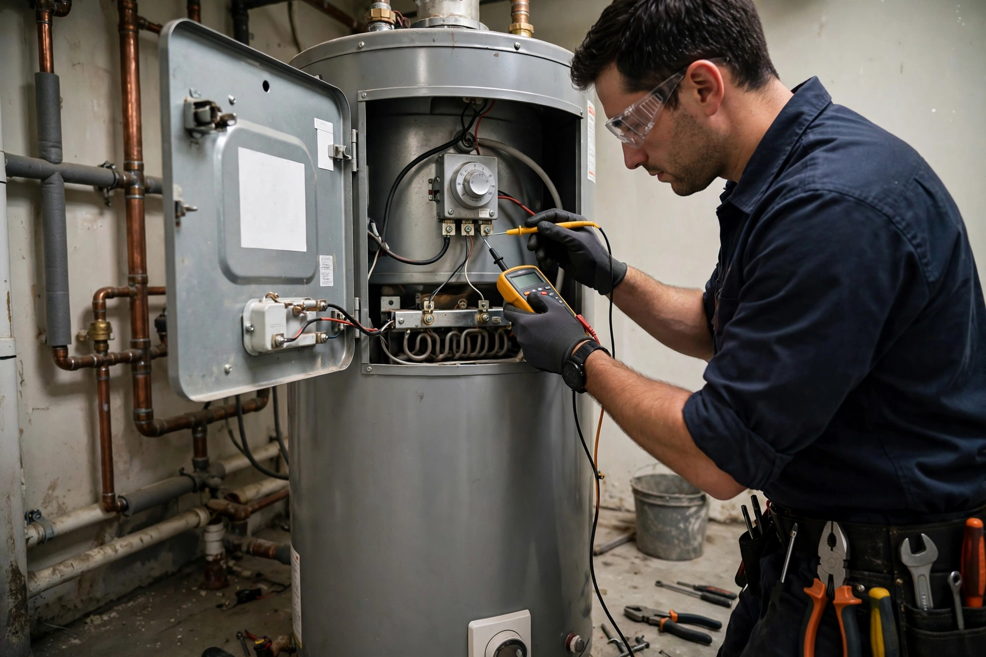 Electric water heater with access panel open showing heating element and thermostat during diagnostic work